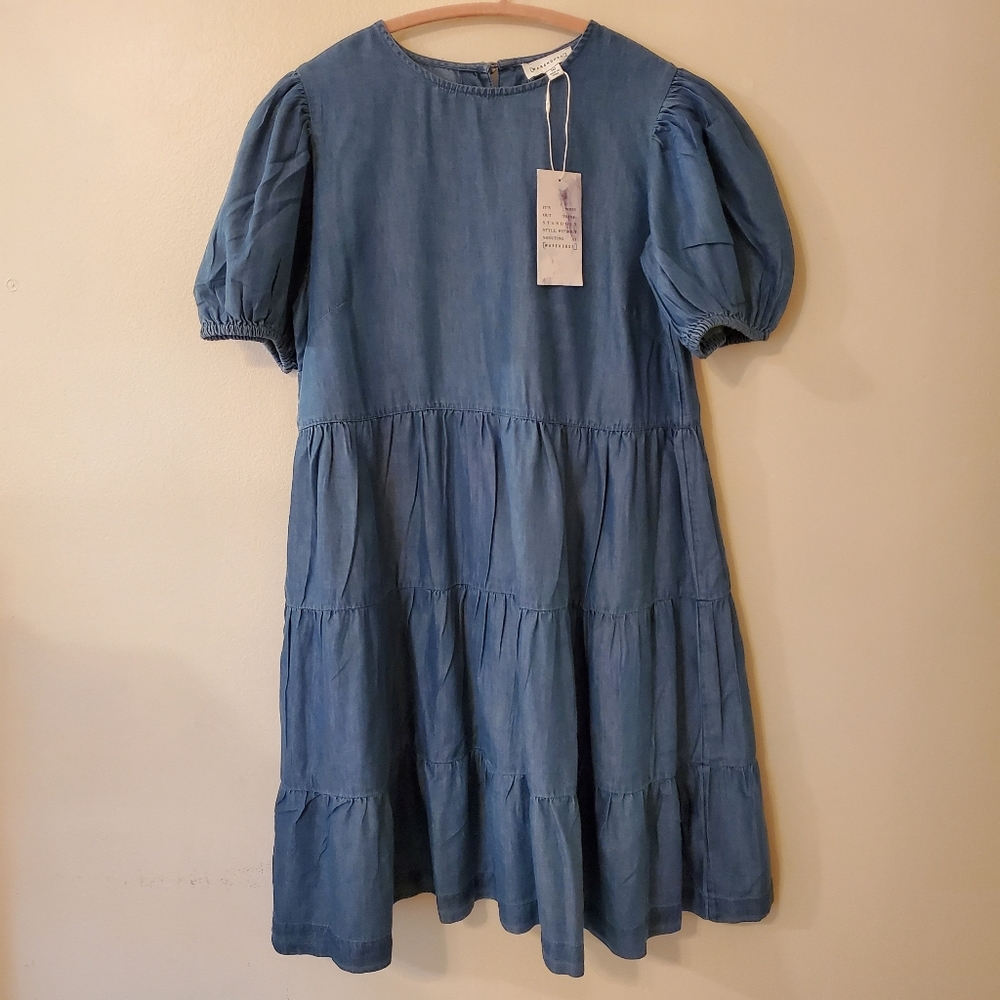3 For $30.00 - Warehouse UK Tier Denim Ruffle Dress Us sz 6 Uk sz 10 Brand New